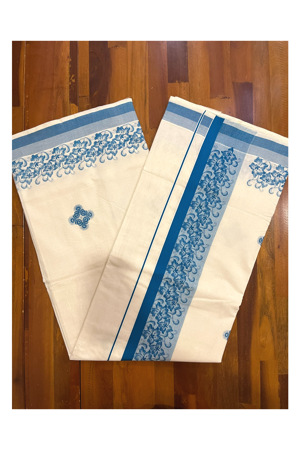 Pure Cotton Off White Kerala Saree with Blue Floral Block Printed Border (Onam Saree 2023)