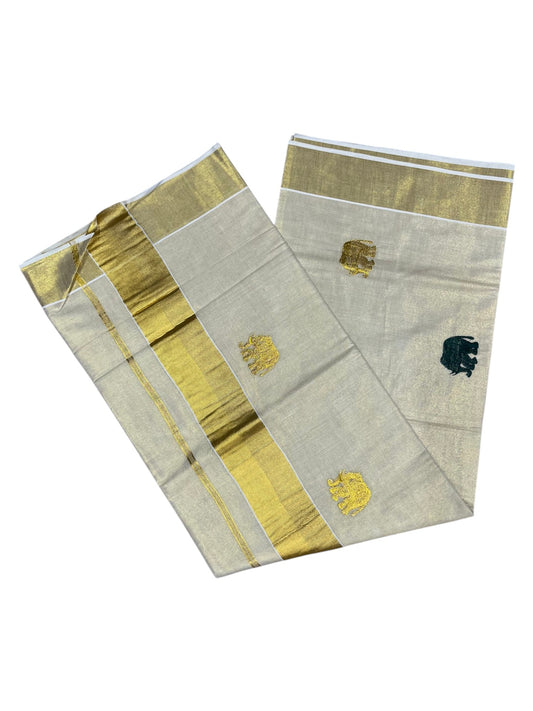 Southloom Kerala Tissue Kasavu Plain Saree with Gold & Green Elephant  Embroidery Work