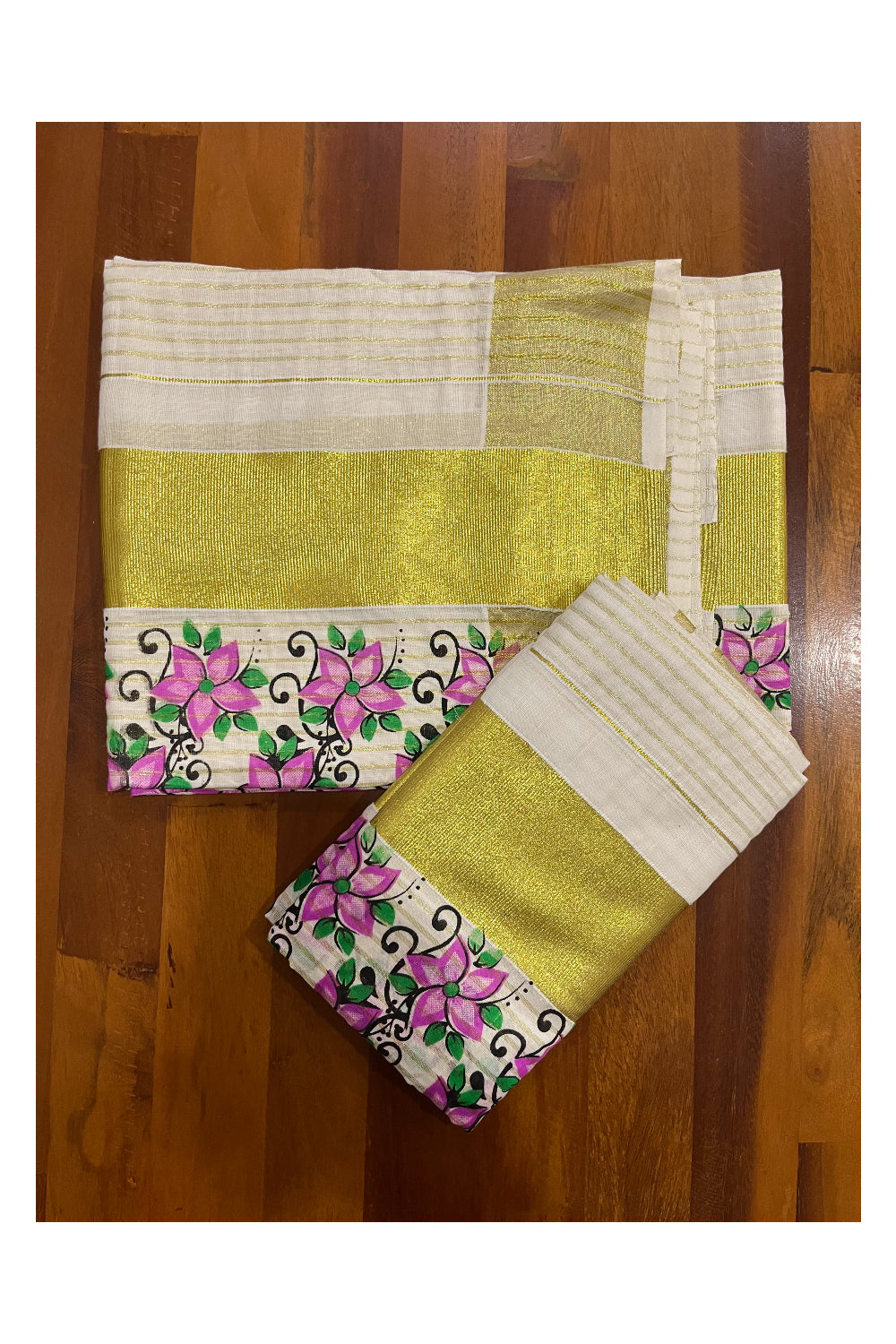 Kerala Cotton Set Mundu (Mundum Neriyathum) with Kasavu Lines Design on Body and Pink Block Printed Border 2.80 Mtrs (Onam Set Mundu 2023)