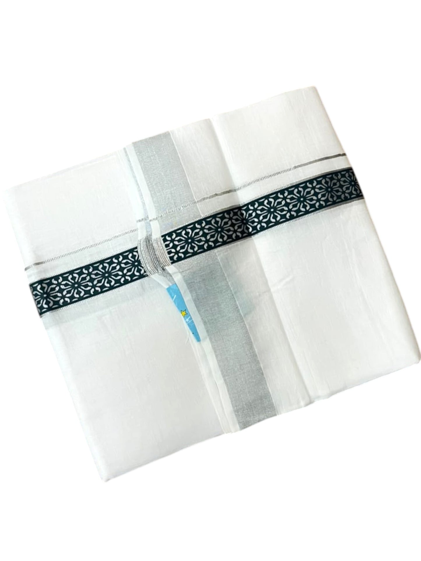 Southloom Pure White Cotton Mundu with Dark Green and Silver Kasavu Border (South Indian Kerala Dhoti)