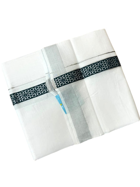 Southloom Pure White Cotton Mundu with Dark Green and Silver Kasavu Border (South Indian Kerala Dhoti)