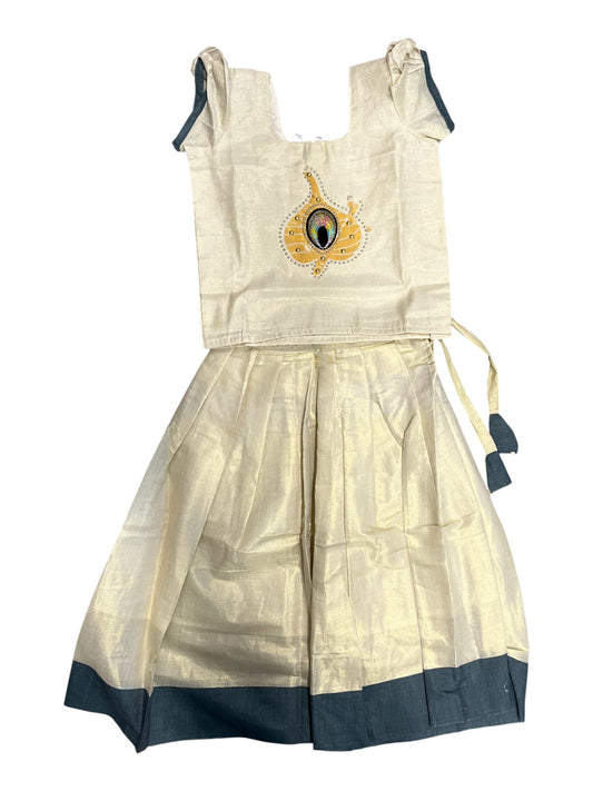 Southloom Kerala Tissue Kasavu Pavada Blouse with Embroidery Work for Kids