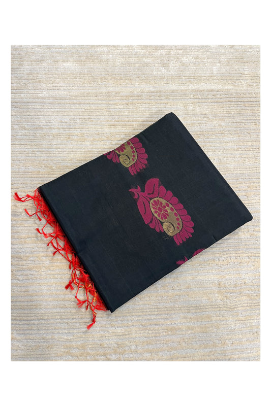 Southloom Pure Handloom Cotton Silk Saree With Handwoven Work Across Body and Blouse in Black And Maroon