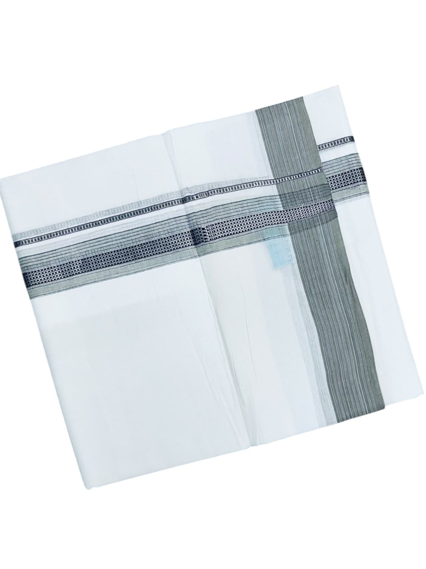 Southloom White Cotton Mundu with Grey & Silver Line Border (South Indian Kerala Dhoti)