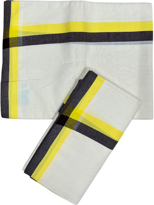 Southloom Pure Cotton Kerala Single Mulloth Set Mundu (Mundum Neriyathum) Yellow And Brown Border in 2.80 mtrs