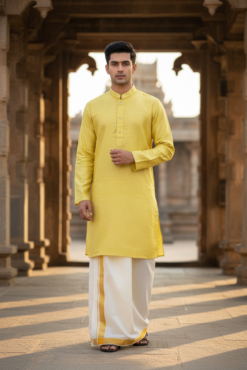 Southloom Semi Silk Short Kurta for Men in Yellow Colour