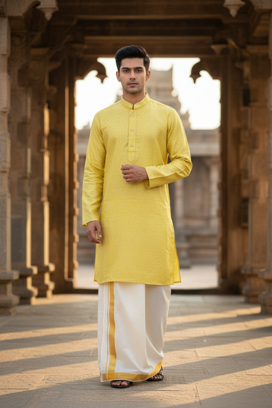 Southloom Semi Silk Short Kurta for Men in Yellow Colour