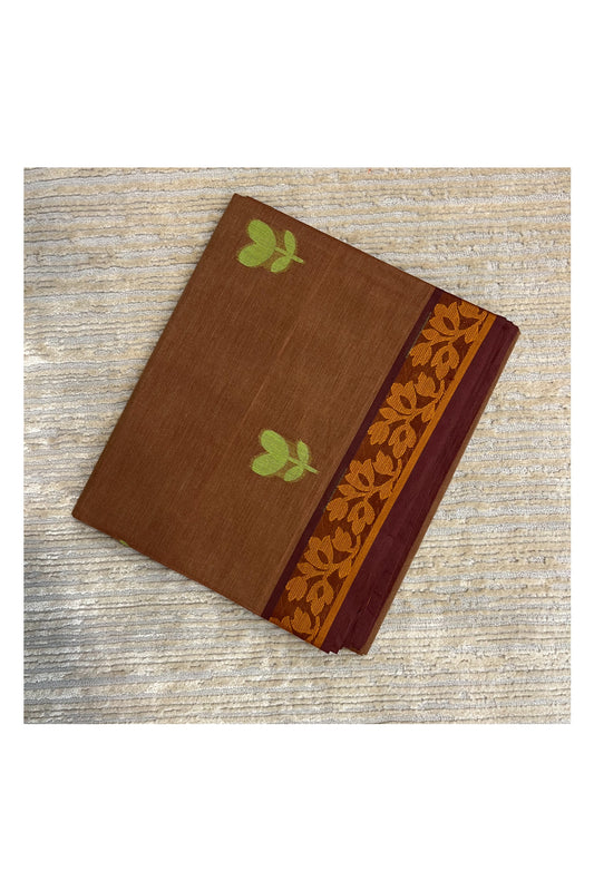 Southloom Kerala Cotton Saree with Floral Woven Works Across Body in Brown