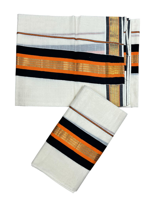 Kerala Cotton Kasavu Single Set Mundu (Mundum Neriyathum) with Black And orange Kasavu Border