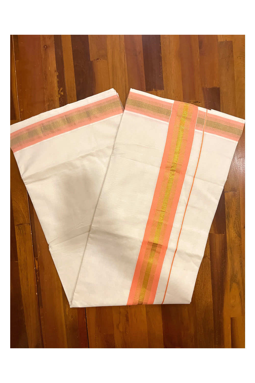 Cotton Kerala Plain Saree with Kasavu and Peach Border