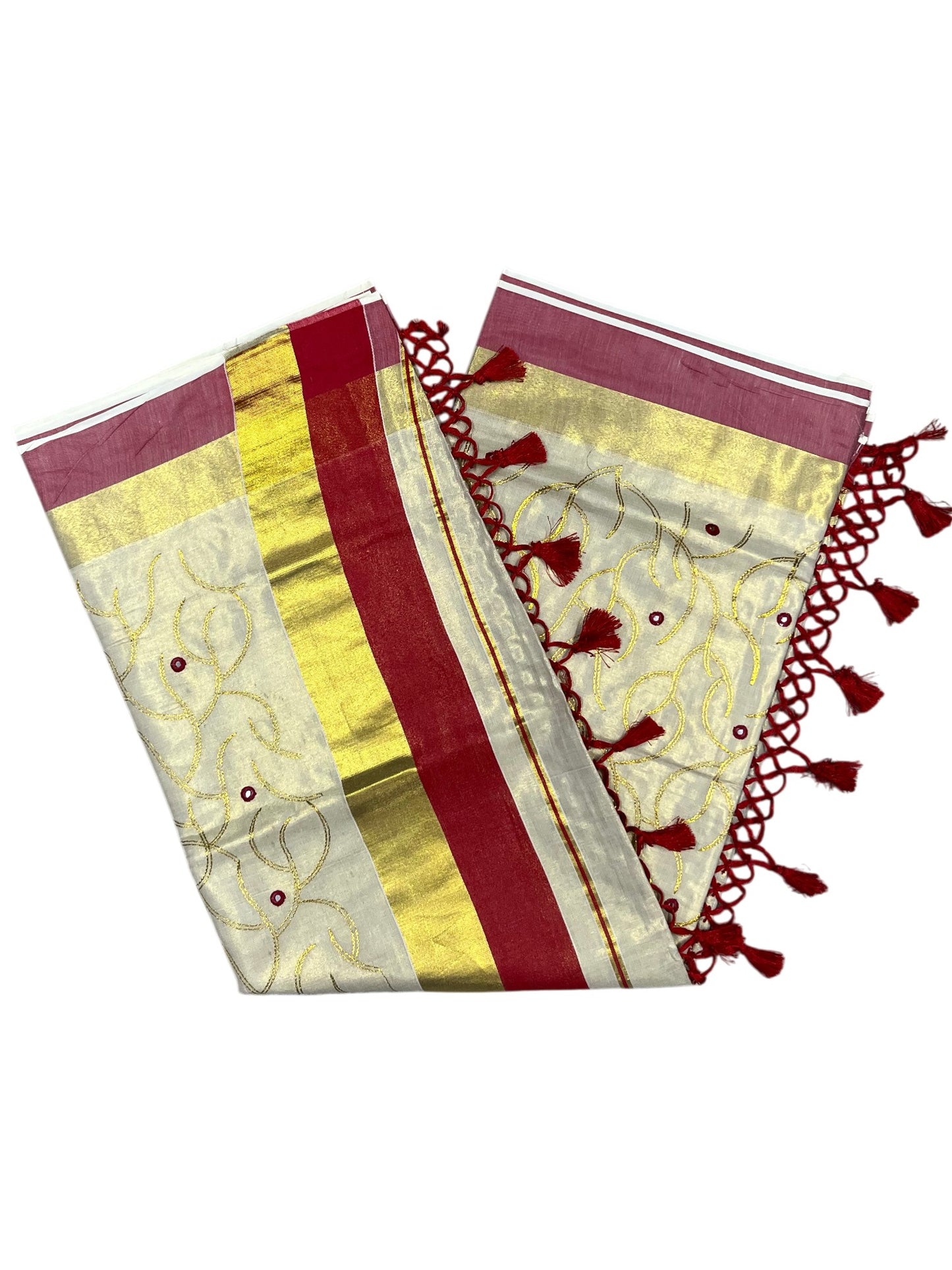 Kerala Tissue Kasavu Stripes Saree with Gold and Red Floral Embroidery Design on Body SL269