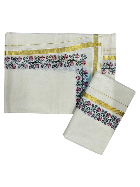 Southloom Pure Cotton Kerala Single Floral Print Set Mundu (Mundum Neriyathum) Magenta and Green Border in 2.80 mtrs