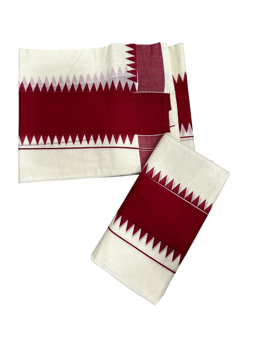 Kerala Pure Cotton Set Mundu Single (Mundum Neriyathum) with Maroon Temple Border 2.80 Mtrs