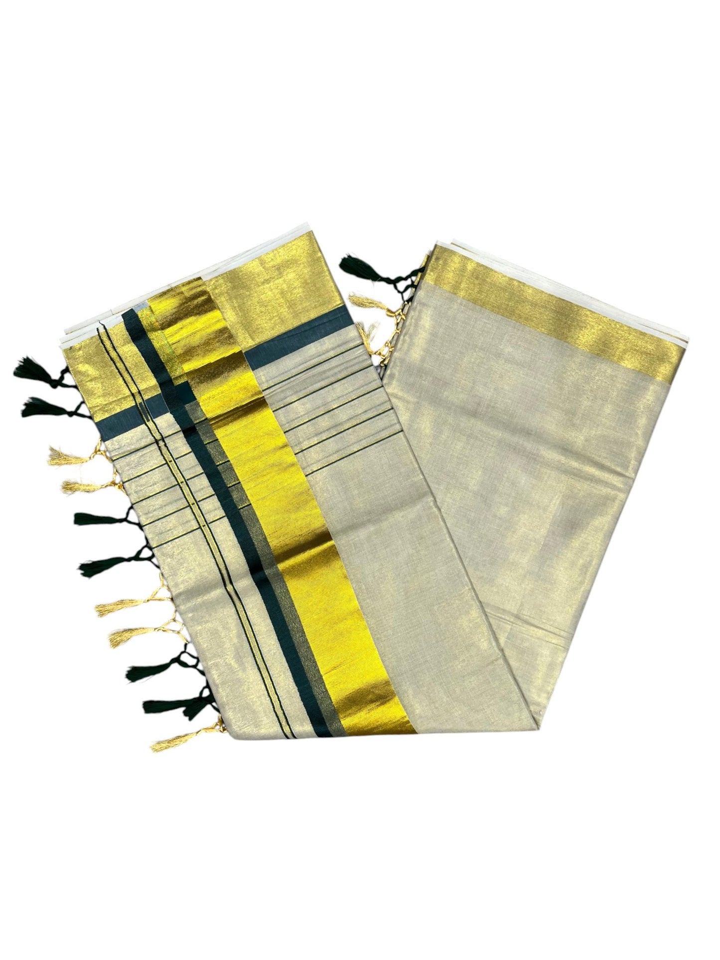 Southloom Kerala Tissue  Kasavu Saree with Stripes on Body with Green Borders