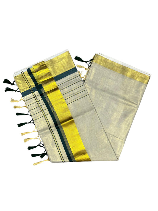 Southloom Kerala Tissue  Kasavu Saree with Stripes on Body with Green Borders