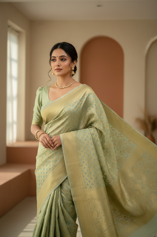 Southloom Cotton Banarasi Silk Saree with Woven Work on Body and Borders (Green)