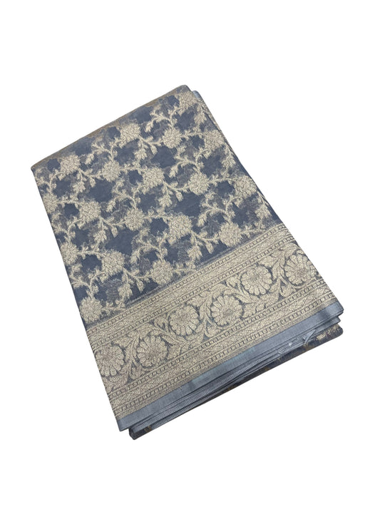 Southloom Cotton Banarasi Silk Saree with Woven Work on Body and Borders(Blue)