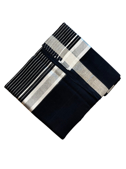 Southloom Premium Handloom Cotton Black Double Mundu with Silver Lines