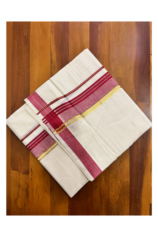 Off White Kerala Cotton Double Mundu with Kasavu and Maroon Border (South Indian Kerala Dhoti)