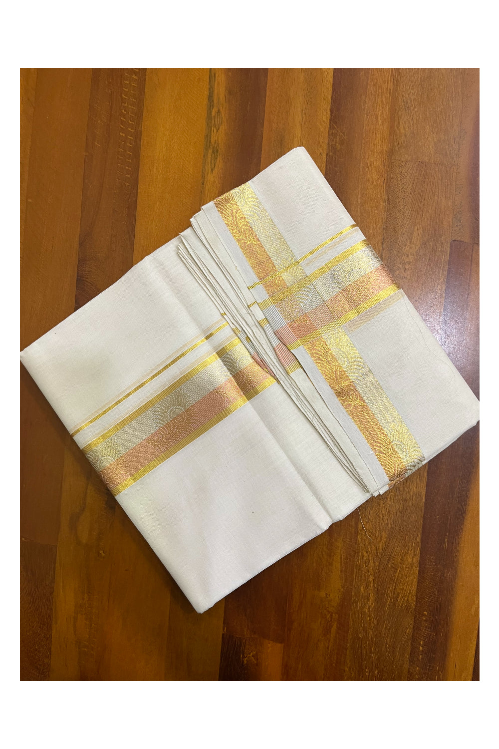 Southloom Premium Balaramapuram Unakkupaavu Handloom Mundu with Copper and Silver Kasavu Design Border (South Indian Kerala Dhoti)