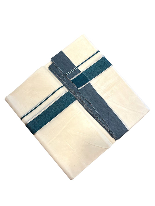 Southloom Kerala Pure Cotton Double Mundu with Silver Lines & Green Border (South Indian Dhoti)