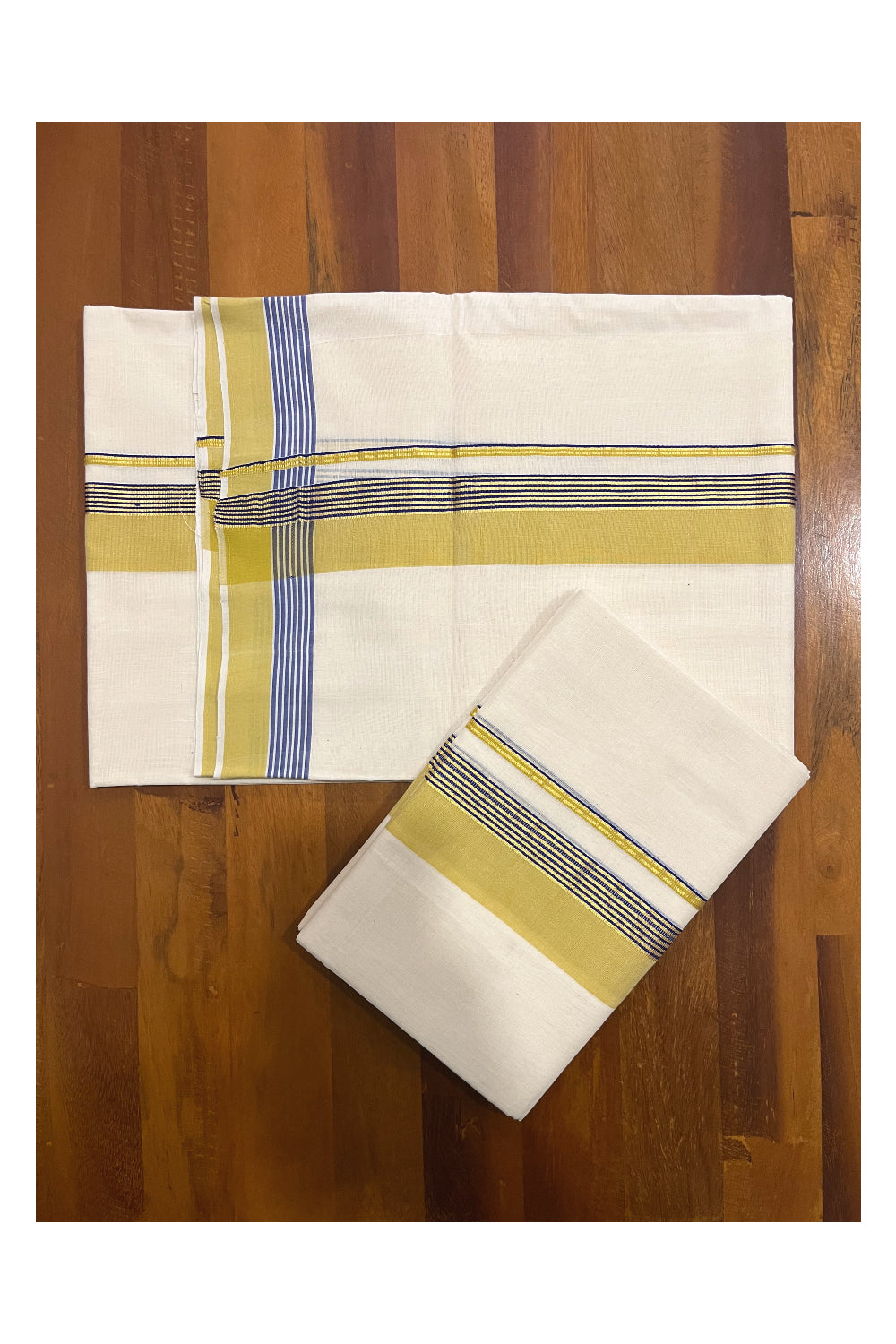 Southloom Premium Handloom Single Set Mundu (Mundum Neriyathum) with Yellow Blue and Kasavu Border 2.70 Mtrs