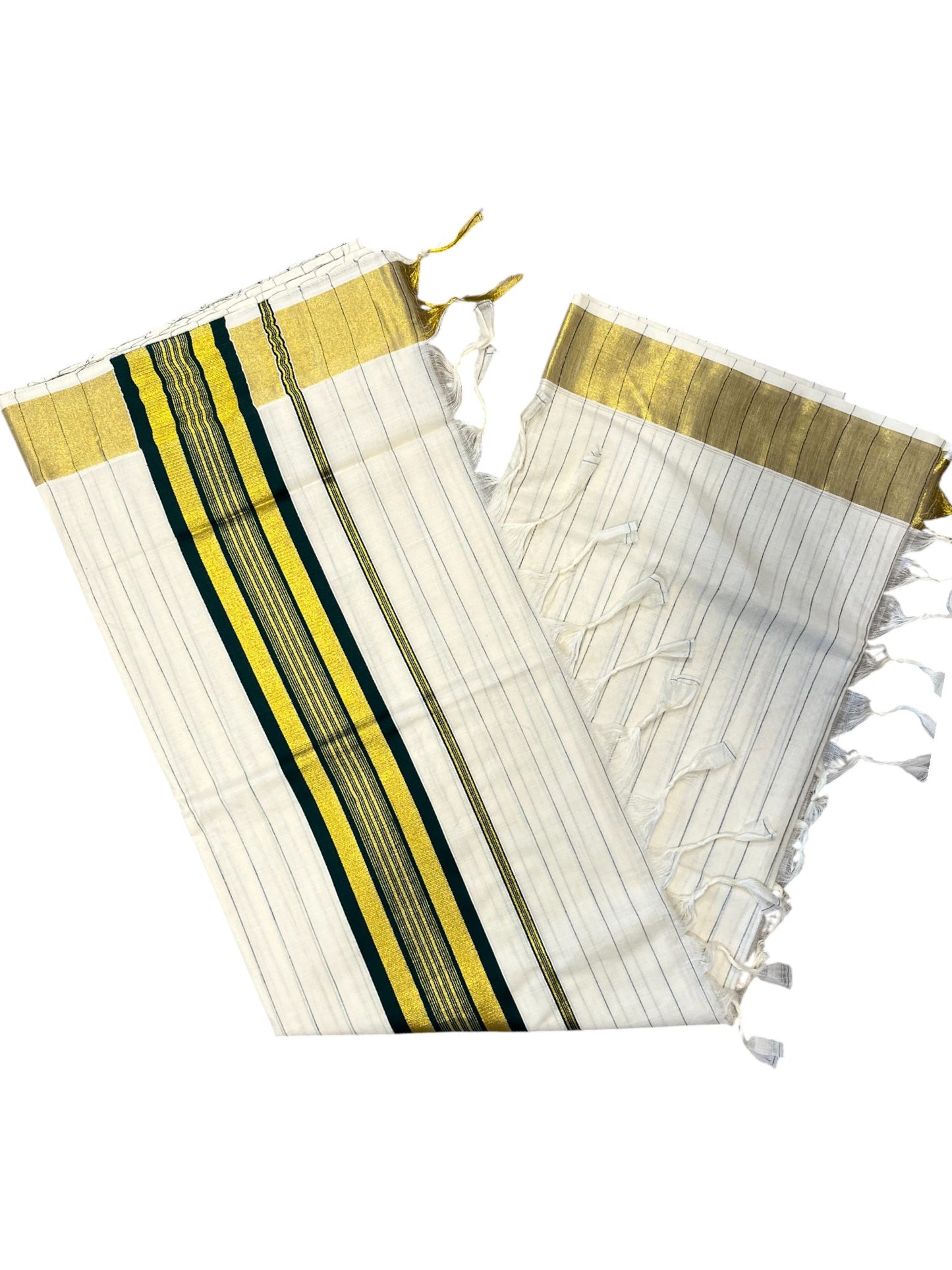 Southloom Kerala Cotton Kasavu Saree with Gold And Green Lines on Body