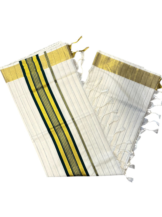 Southloom Kerala Cotton Kasavu Saree with Gold And Green Lines on Body