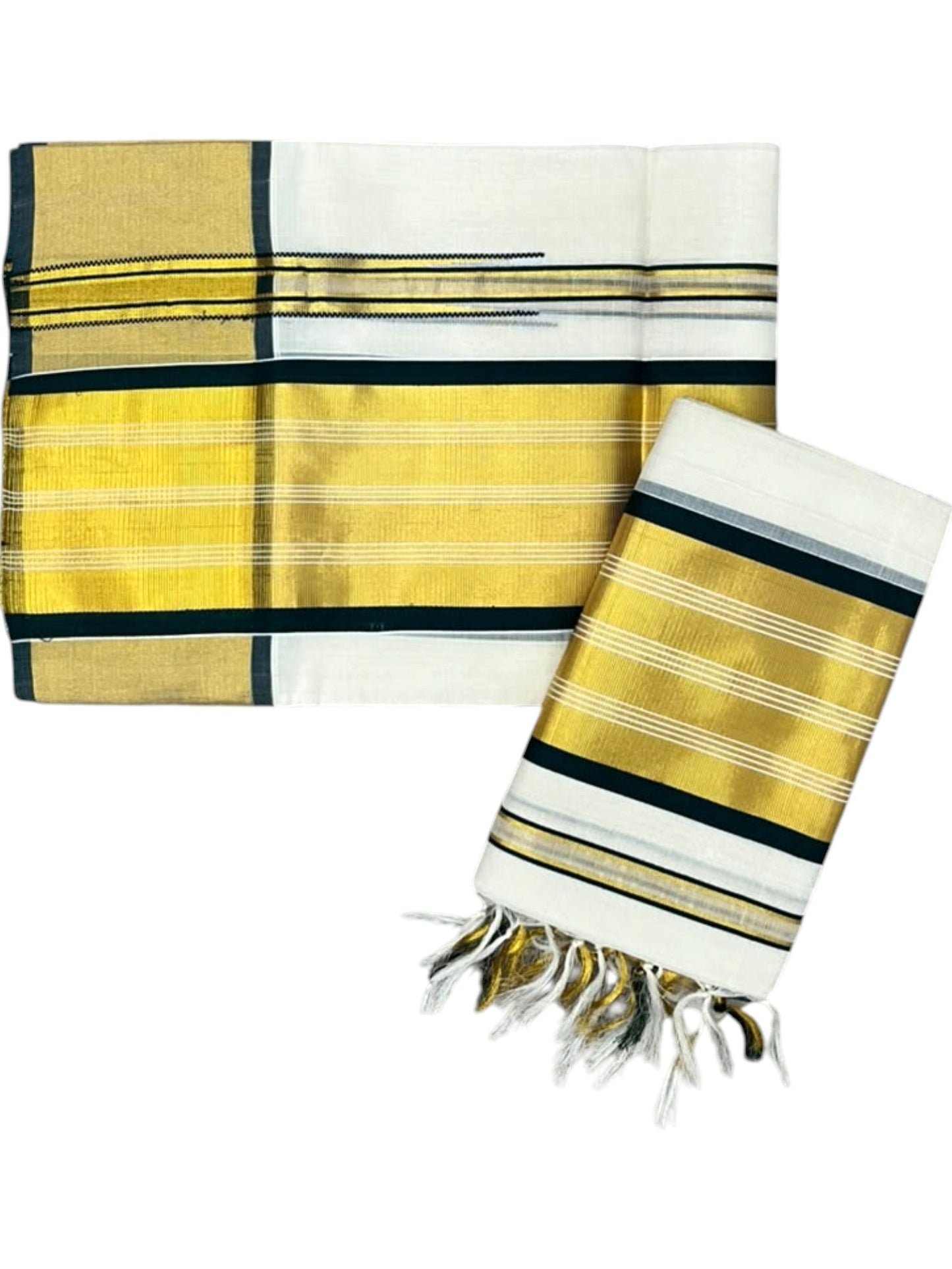 Southloom Premium Cotton Handloom Set Mundu with Kasavu With Green and Golden Border (2.80 Mtr)