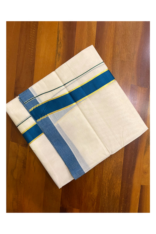 Kerala Pure Cotton Double Mundu with Teal Blue and Kasavu Border (South Indian Kerala Dhoti)