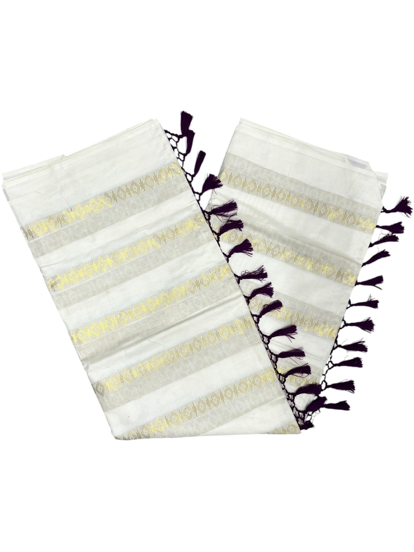 Southloom Kerala Cotton Kasavu Saree with Stripes on Body and Purple Tussels