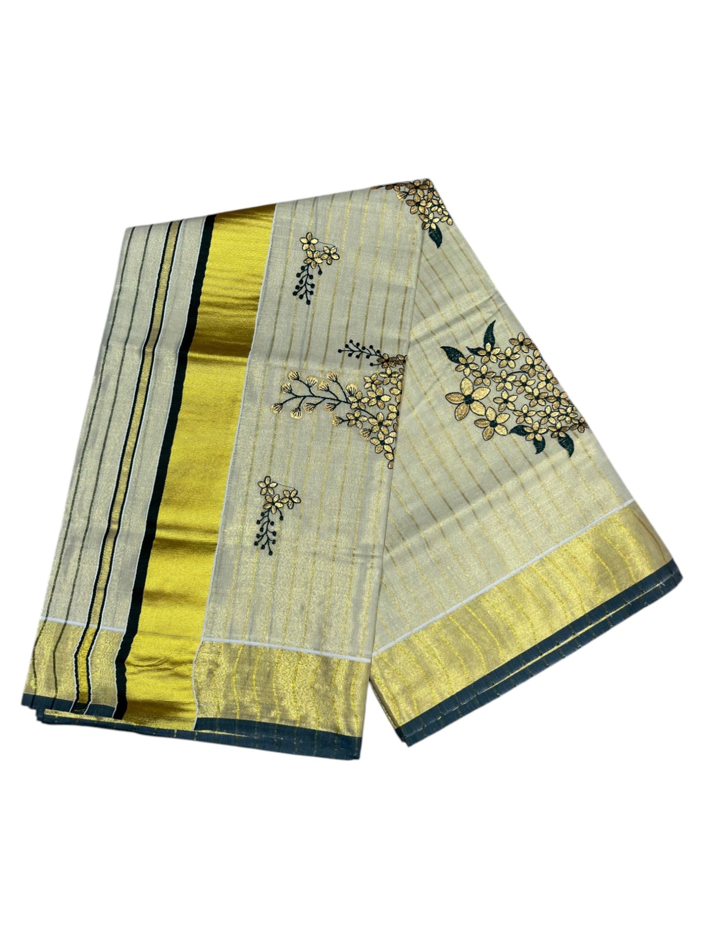 Southloom Kerala Tissue Kasavu Lines Saree with Kanikonna Floral Embroidery Designs on Body