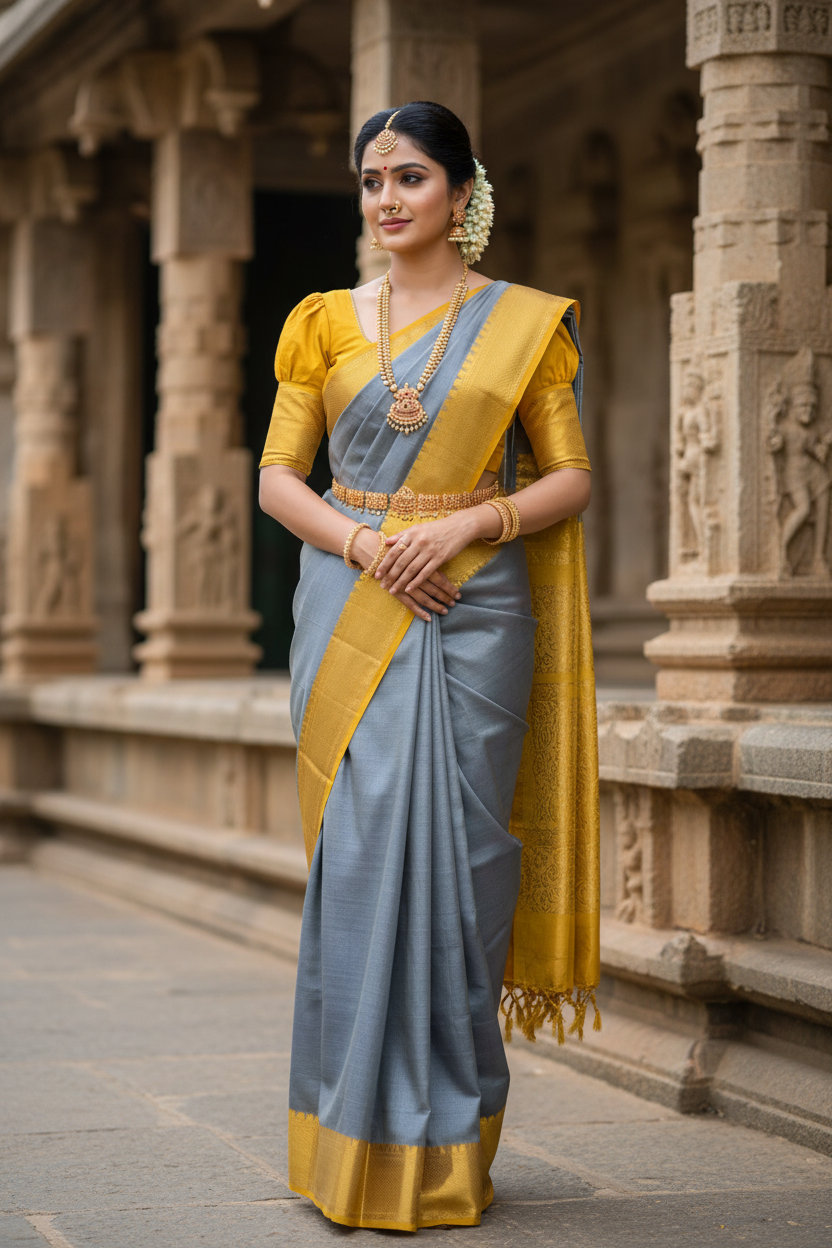 Southloom Pure Handloom Kanchipuram Silk Saree (Grey & Yellow)