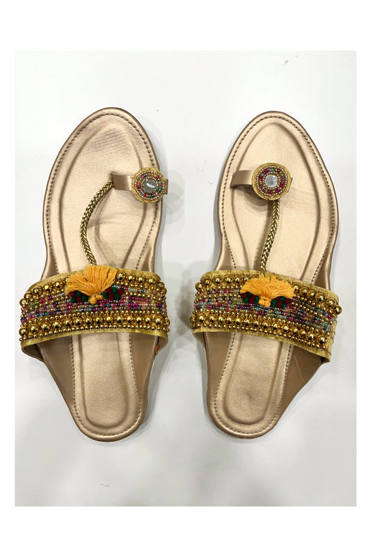Southloom Jaipur Handmade Bead Work Golden One Toe Flat Sandals