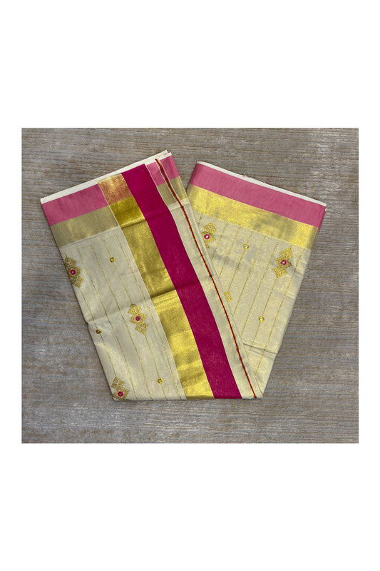 Southloom Kerala Tissue Kasavu Lines Saree with Magenta Embroidery Works