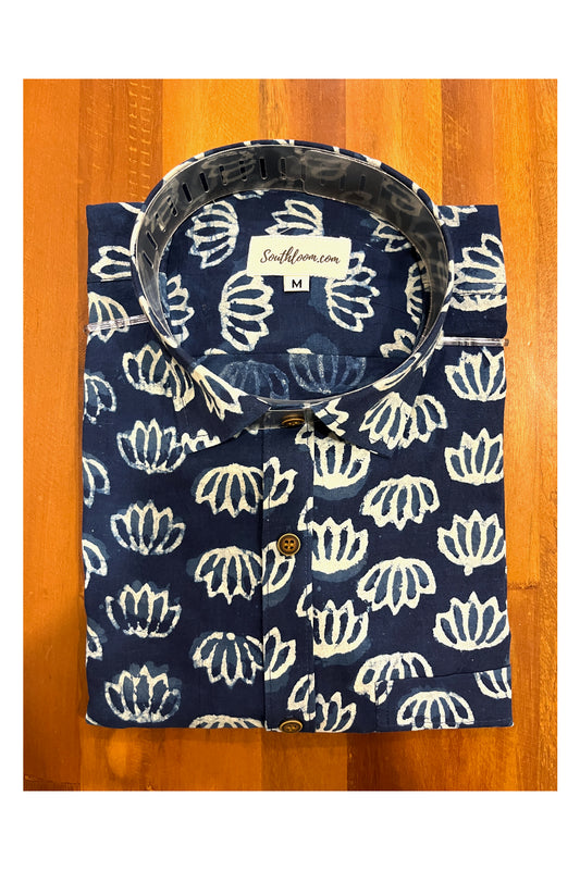 Southloom Jaipur Cotton Navy Blue Hand Block Printed Shirt (Full Sleeves)