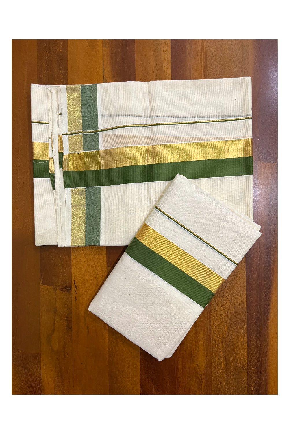 Kerala Cotton Set Mundu (Mundum Neriyathum) with Olive Green and Kasavu Border 2.80 Mtrs