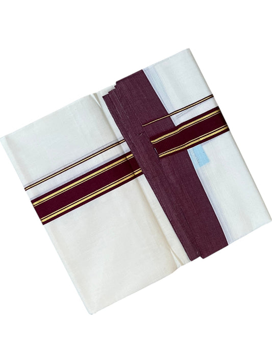 Southloom Pure Cotton Mundu with Golden Lines and Brown Border (South Indian Kerala Dhoti)