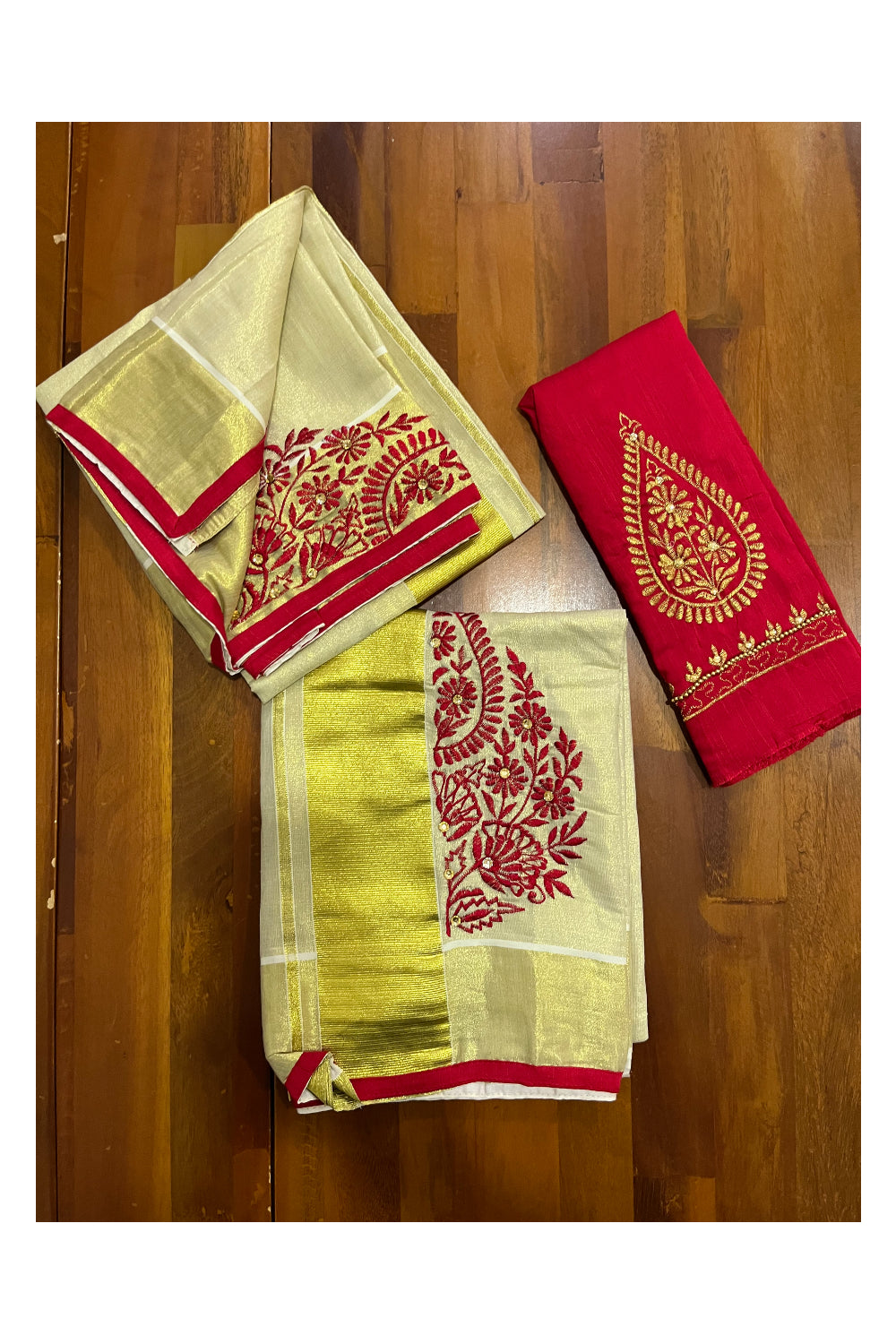 Kerala Tissue Kasavu Set Mundu (Mundum Neriyathum) with Handwork Embroidery Design and Red Blouse Piece