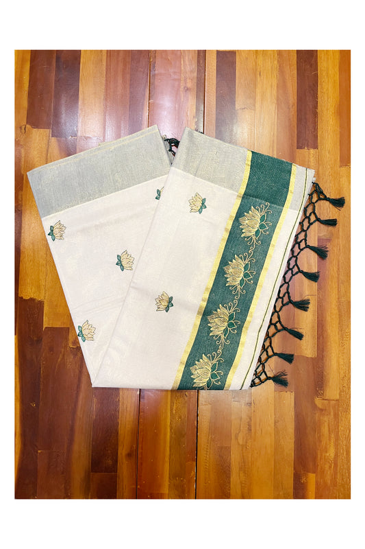 Southloom Kerala Tissue Kasavu Saree with Green And Golden Lotus Embroidary Designs on Body