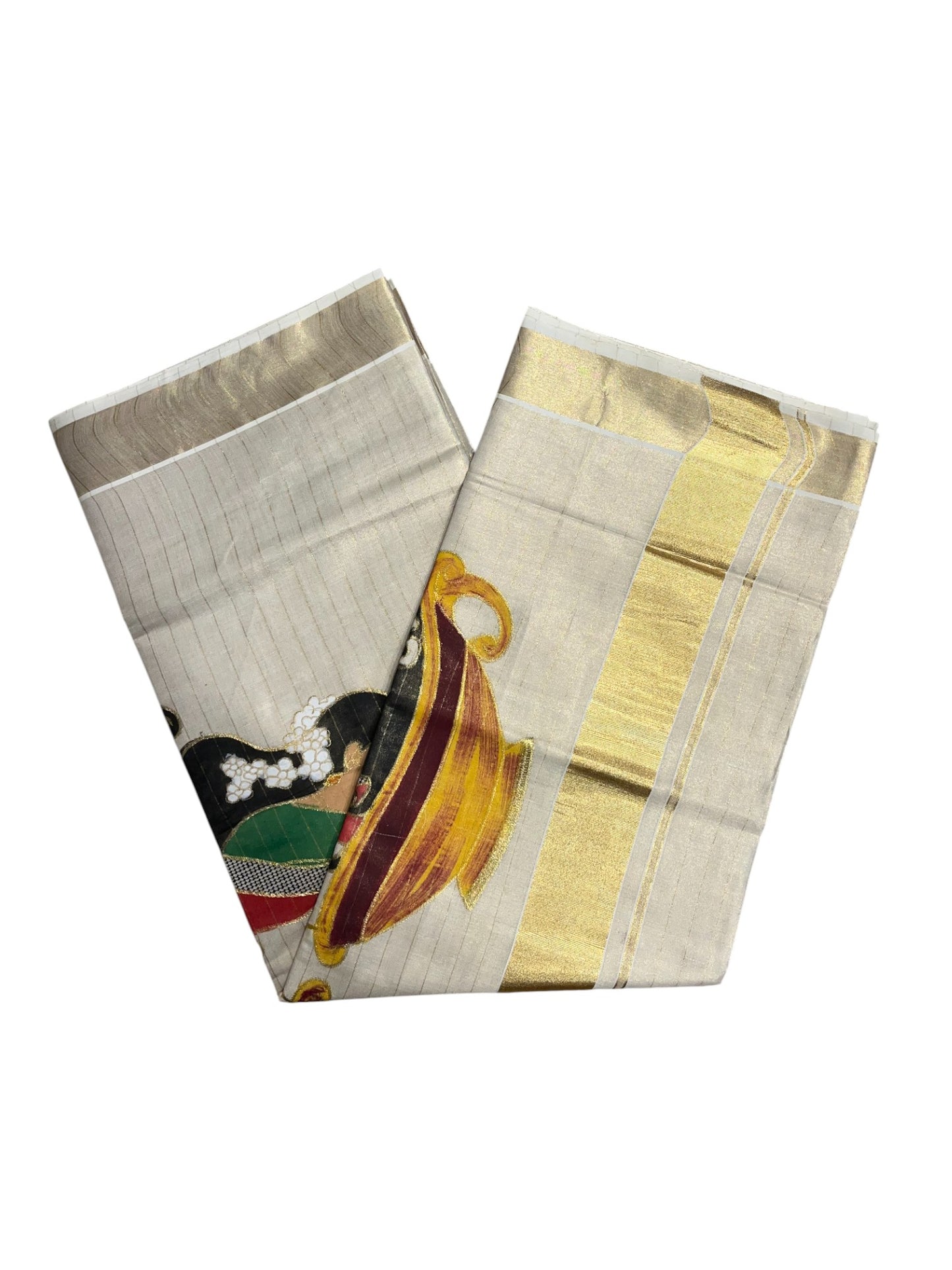 Southloom Kerala Tissue Kasavu Line Saree with Hand Painted &Embroidery Design