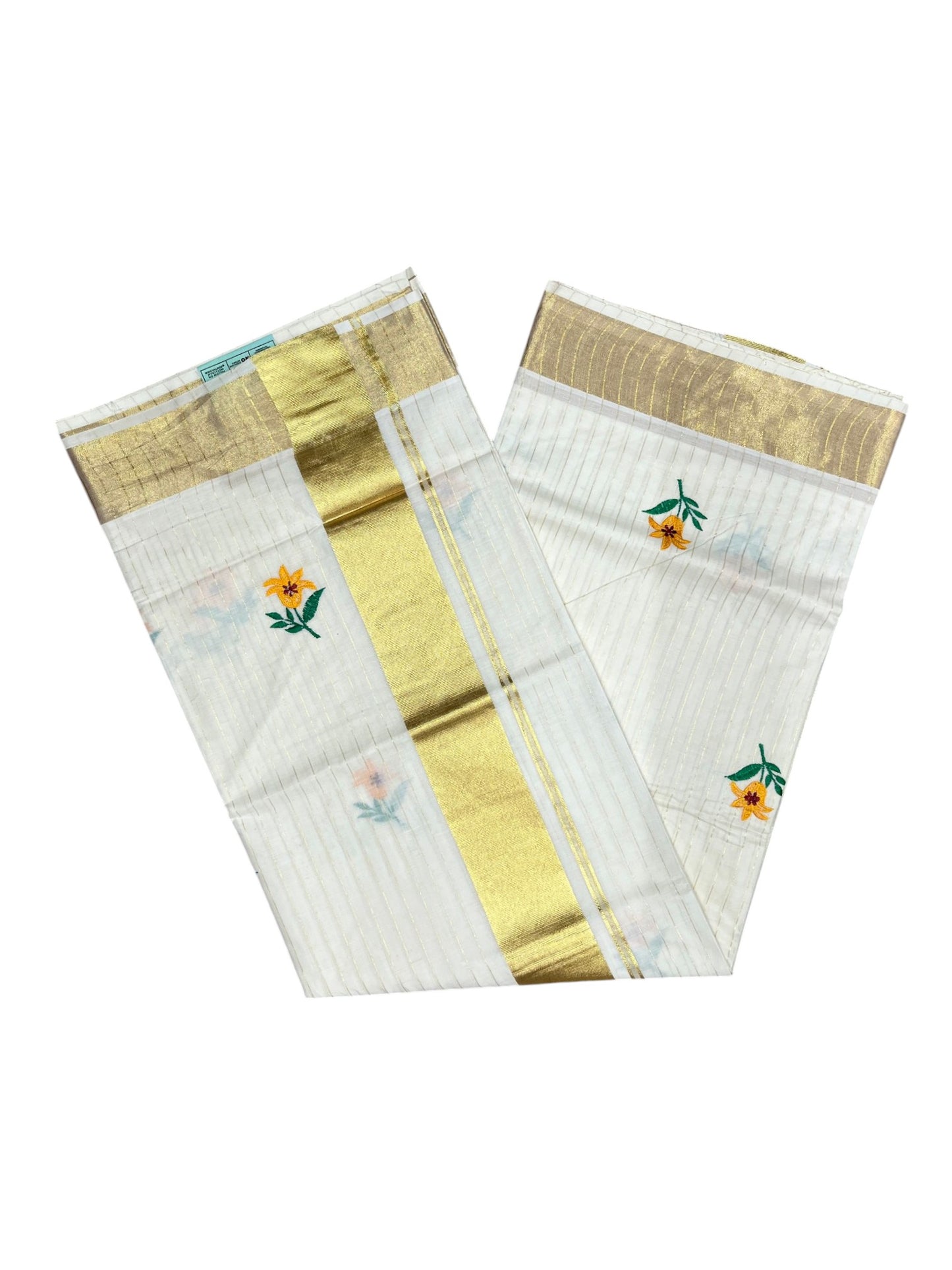 Southloom Kerala Cotton Kasavu Lines Saree with Floral Embroidery Work on Body