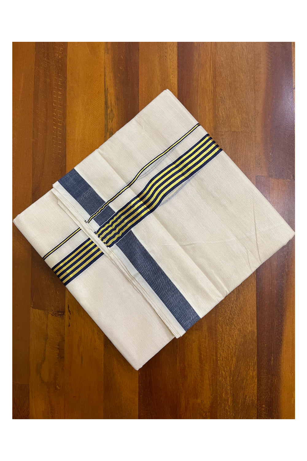 Kerala Pure Cotton Double Mundu with Navy Blue and Kasavu Lines Border (South Indian Kerala Dhoti)