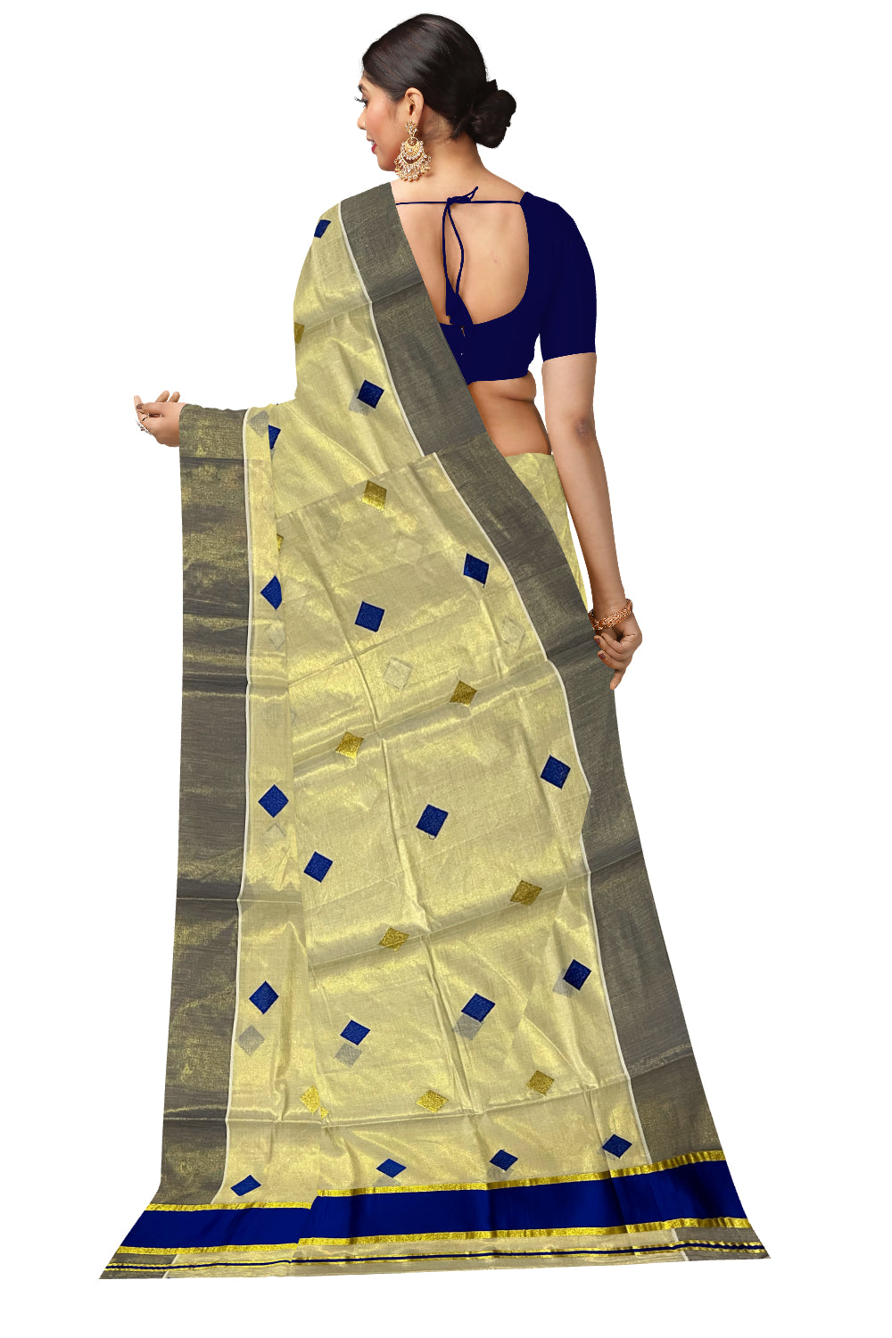 Kerala Tissue Kasavu Saree with Blue Woven Butta Designs and Tassels Works