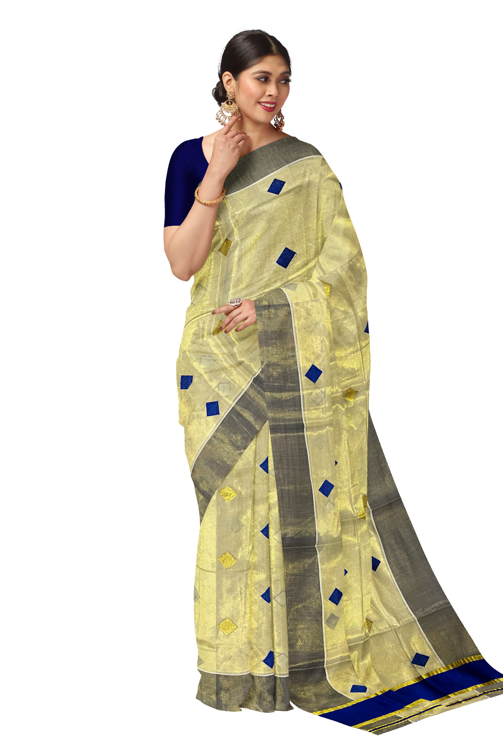 Kerala Tissue Kasavu Saree with Blue Woven Butta Designs and Tassels Works