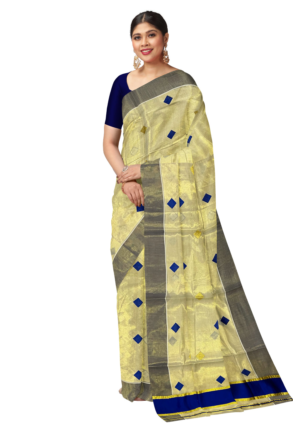 Kerala Tissue Kasavu Saree with Blue Woven Butta Designs and Tassels Works