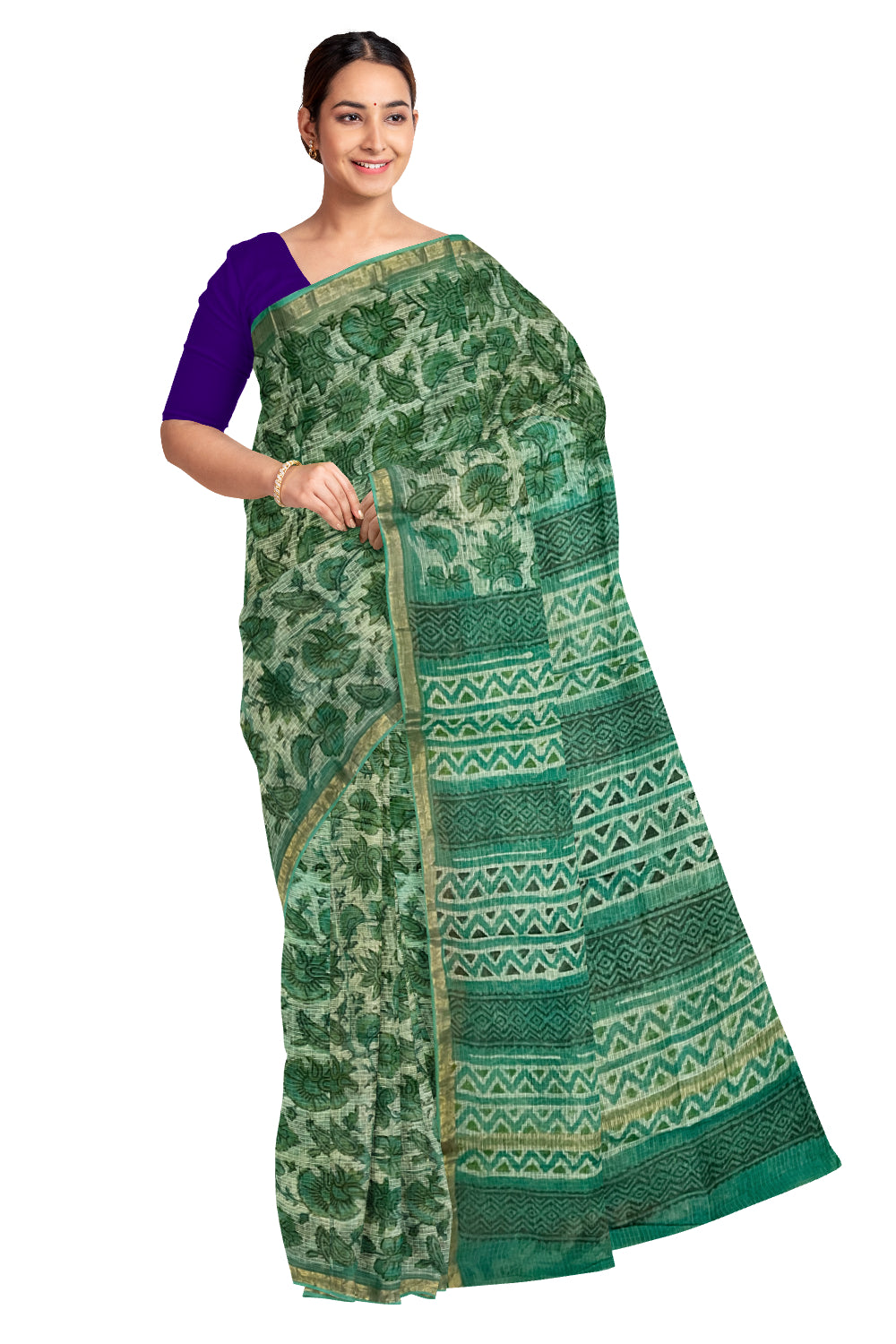 Southloom Kota Fabric Floral Printed Green Saree