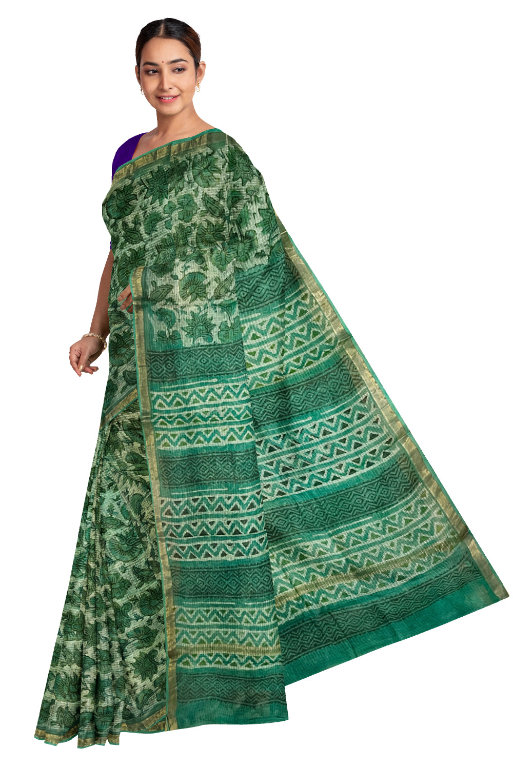 Southloom Kota Fabric Floral Printed Green Saree