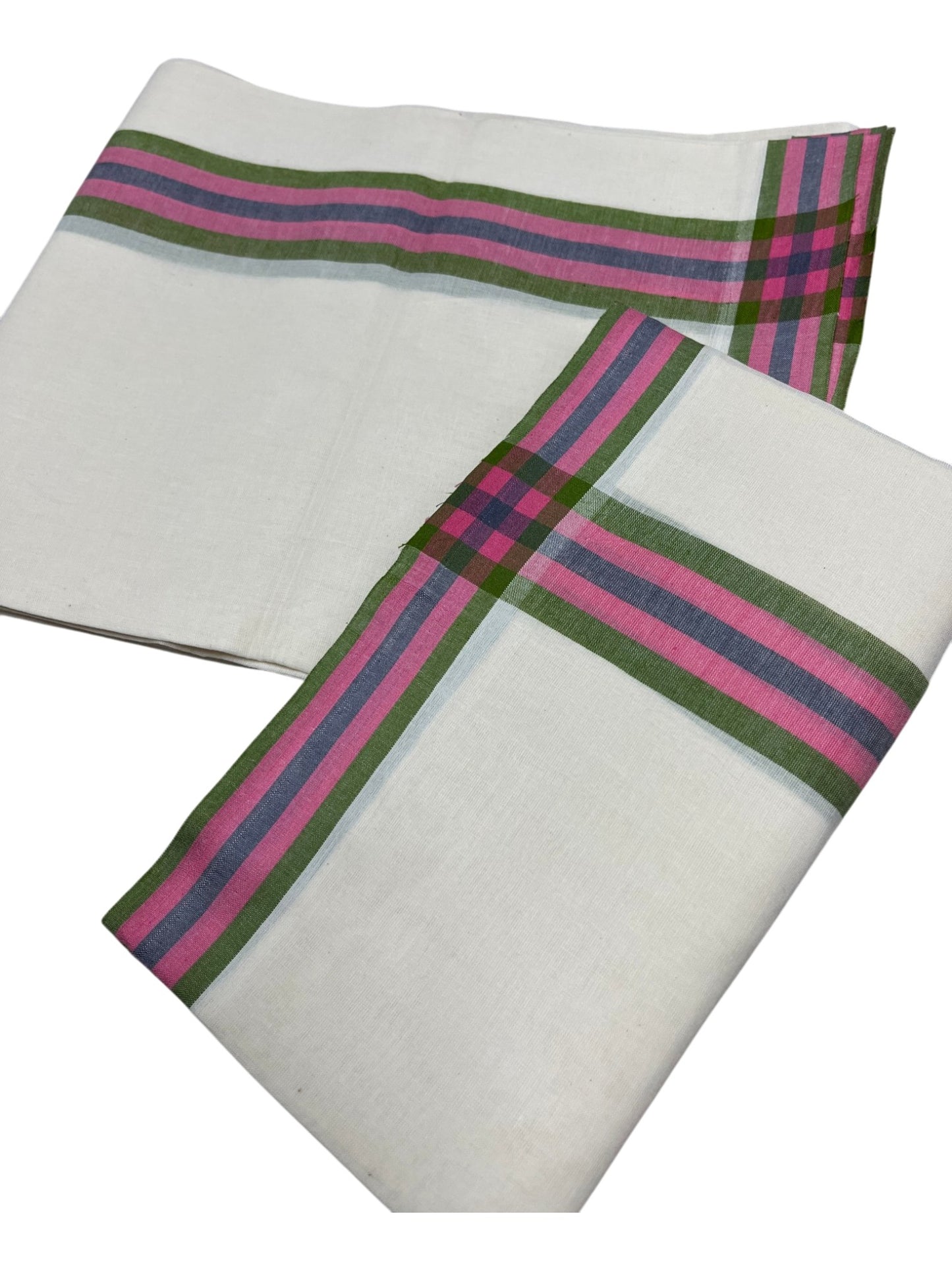 Southloom Pure Cotton Kerala Single Mulloth Set Mundu (Mundum Neriyathum) Pink & Green Border 2.50 Mtrs SL243