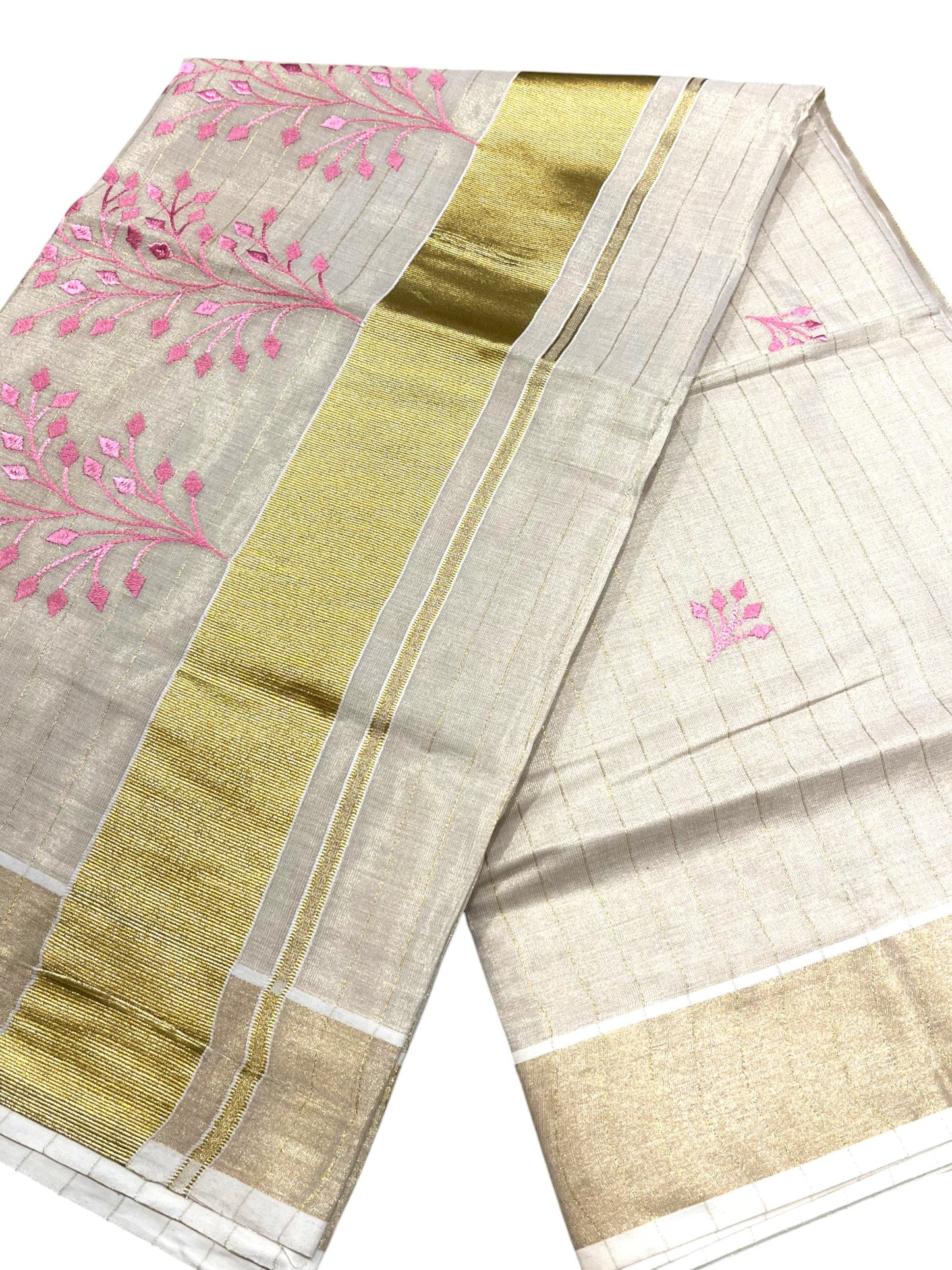 Southloom Tissue Kerala Kasavu Saree with Floral Embroidery Design